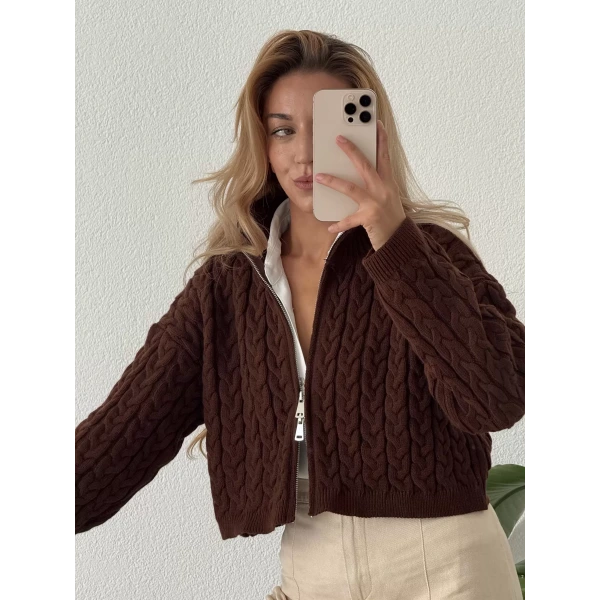 Saç Örgü Çift Fermuarlı Triko Hırka