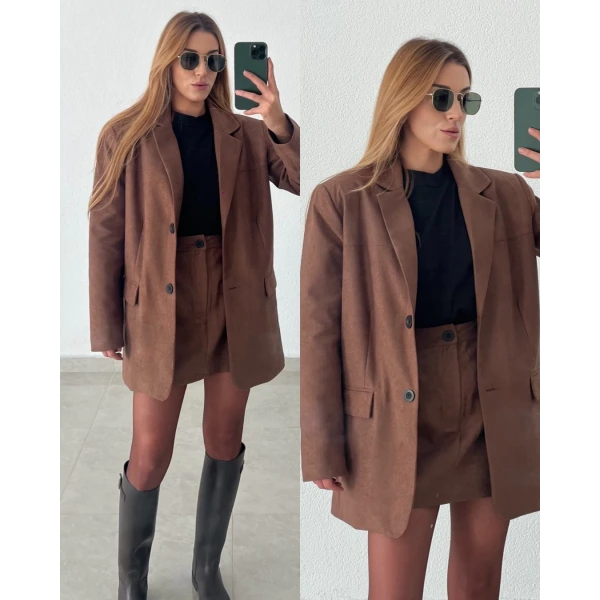 Süet Etekli Ceketli Takım