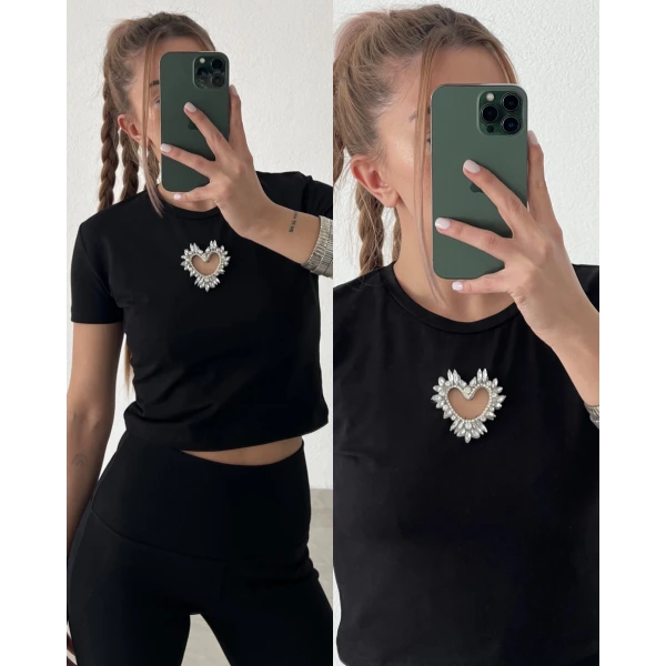 Taşlı Kalp Dekolteli Crop