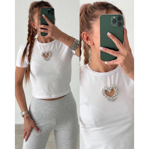 Taşlı Kalp Dekolteli Crop