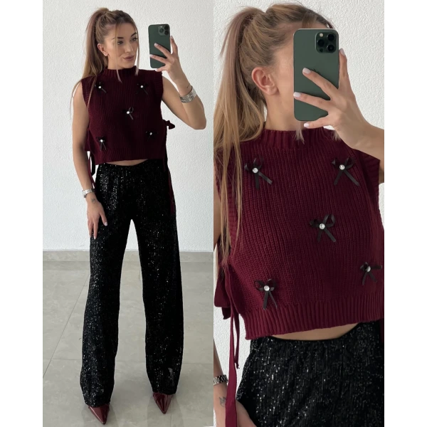 Taşlı Kurdeleli Bağlamalı Triko Süveter