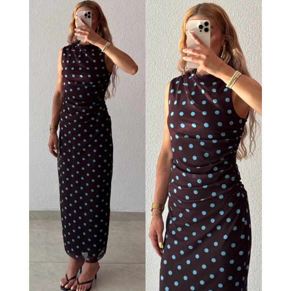Tül Puantiye Desenli Maxi Elbise