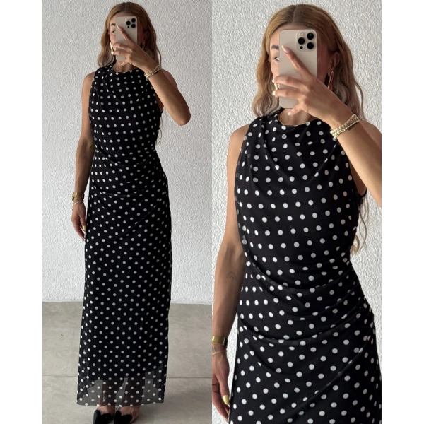 Tül Puantiye Desenli Maxi Elbise