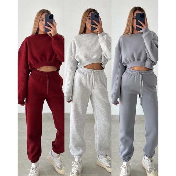 Üç İplik Şardonlu Kumaş Crop Takım