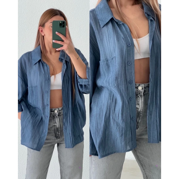 Yağ Yıkamalı Tek Cepli Oversize Gömlek