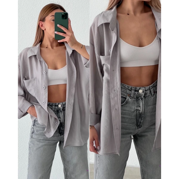 Yağ Yıkamalı Tek Cepli Oversize Gömlek