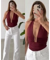 Drapeli Halter Yaka Aksesuarlı Crop Top