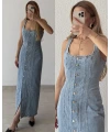 Orj Marka Askılı Full Düğme Kapamalı Maxi Boy Kot Elbise