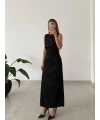 Jakarlı Saten Leopar Dokulu Kolsuz Maxi Boy Elbise