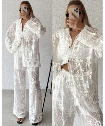 %100 Linen Kumaş İşlemeli Gömlekli Takım