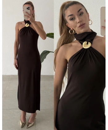 Gold Aksesuar Detaylı Uzun Elbise