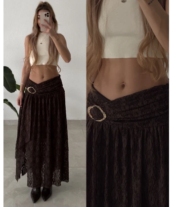 Gold Aksesuarlı Uzun Dantel Etek