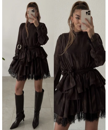 Dantel Detaylı Fırfırlı Mini Elbise