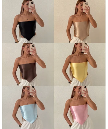 Saten Sırt Dekolteli Straplez Crop