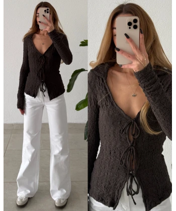 Bağlamalı V Yaka Dokulu Kahverengi Bluz