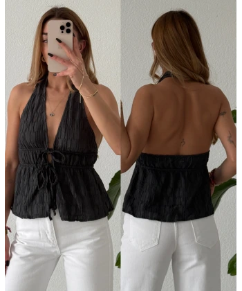 Sırt Dekolteli Bağlamalı Halter Yaka Bluz