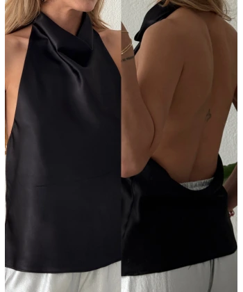 Degaje Yaka Sırt Dekolteli Saten Bluz