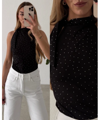 Boyundan Bağlamalı Taşlı Bluz