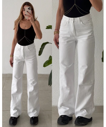 Beyaz Yüksek Bel Wide Leg Geniş Paça Jean