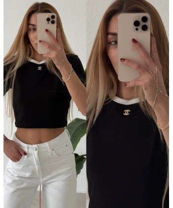 Marka Logolu Taşlı Kontrast Crop