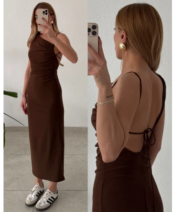 Sırt Dekolteli Midi Boy Kahverengi Elbise
