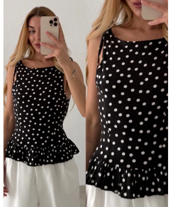 Pamuklu Puantiyeli Volanlı Bluz