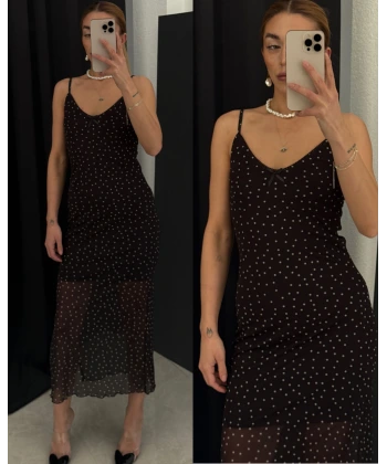 Orj Marka Tül Puantiyeli Midi Yırtmaçlı Elbise