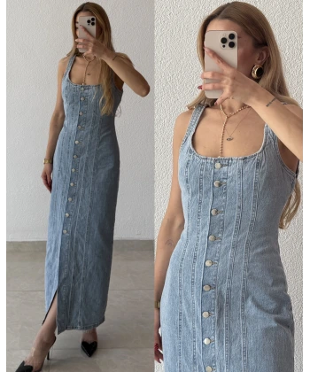 Orj Marka Askılı Full Düğme Kapamalı Maxi Boy Kot Elbise