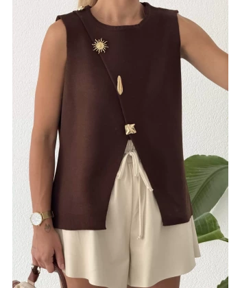 Asimetrik Gold Aksesuarlı Triko Süveter