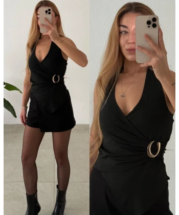 Asimetrik Kruvaze Yaka Boyundan Geçmeli Aksesuarlı Bluz