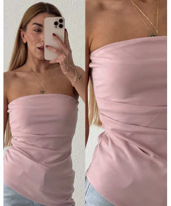 Asimetrik Straplez Pileli Bluz