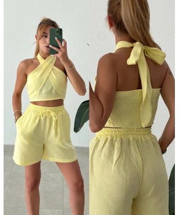 Boyundan Bağlamalı Şortlu Müslin Takım