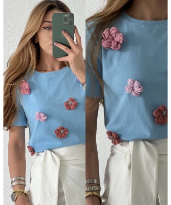 Çiçek Örgülü Pamuk Tişört