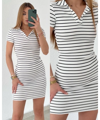 Çizgili Polo Yaka Elbise