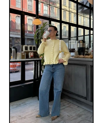 Volanlı Düğmeli Sarı Hırka