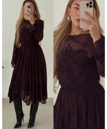 Flok Baskılı Kadife Dokulu Astarlı Kloş Midi Etek