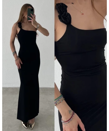 Gül Detaylı Tek Askılı Maxi Elbise