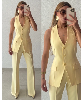 Halter Yaka Yelekli Palazzo Takım