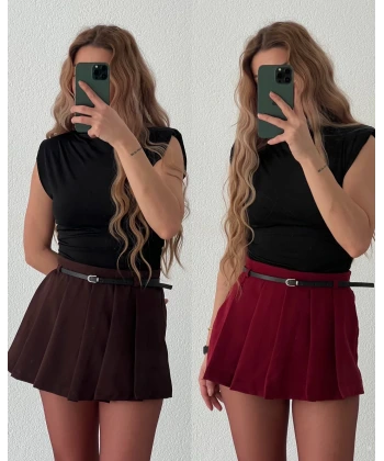 İnce Kemerli Piliseli Şort Etek