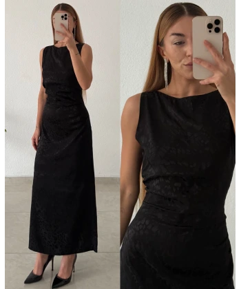 Jakarlı Saten Leopar Dokulu Kolsuz Maxi Boy Elbise