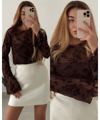 Kadife Flok Baskılı Tül Kadın Bluz