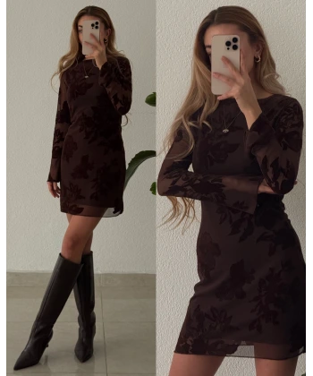 Kadife Flok Baskılı Tül Mini Elbise