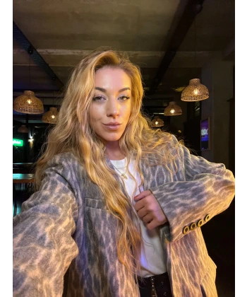 Kaşe Leopar Desenli Oversize Ceket