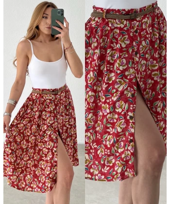 Kemerli Düğme Detaylı Çiçek Desenli Etek