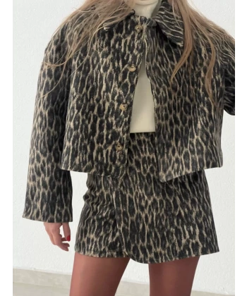 Leopar Desenli Kaşe Kısa Ceket