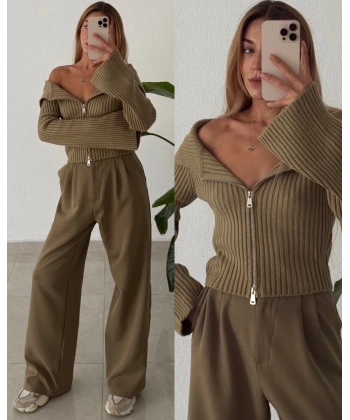 Madonna Yaka Fermuarlı Triko Kazak/Hırka