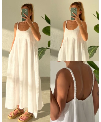 Örgü Askılı Müslin Uzun Elbise