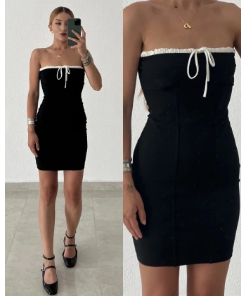 Büzgülü Kontrast Straplez Elbise