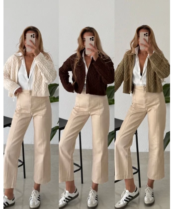 Saç Örgü Çift Fermuarlı Triko Hırka