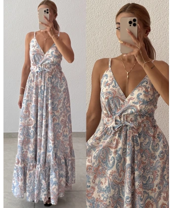 Şal Desenli Askılı Gipeli Maxi Elbise